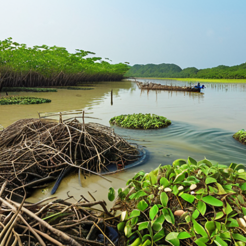 A vibrant mangrove ecosystem with integrated aquaculture featuring shrimp, crabs, and shellfish farming amongst the mangrove roots. Show a Vietnamese fishing village in the background, demonstrating sustainable practices. Focus on the balance between economic activity and environmental protection, highlighting a positive community lifestyle.
