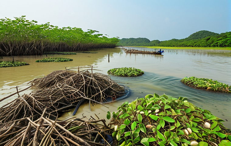 A vibrant mangrove ecosystem with integrated aquaculture featuring shrimp, crabs, and shellfish farming amongst the mangrove roots. Show a Vietnamese fishing village in the background, demonstrating sustainable practices. Focus on the balance between economic activity and environmental protection, highlighting a positive community lifestyle.
