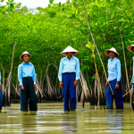 A group of diverse, enthusiastic young students and adult community members are fully clothed in modest, practical field attire, including long-sleeved shirts, trousers, and wide-brimmed hats, suitable for outdoor environmental work. They are actively engaged in a mangrove restoration project, carefully planting young mangrove saplings in the shallow, clear tidal waters of a thriving, verdant mangrove forest. The background shows lush green canopies extending towards a bright, clear sky. Some healthy, mature mangroves are visible in the distance. Natural pose, perfect anatomy, correct proportions, well-formed hands, proper finger count, natural body proportions. Professional photography, high-quality, vivid colors, natural lighting, soft focus on the background. Safe for work, appropriate content, fully clothed, modest, family-friendly.
