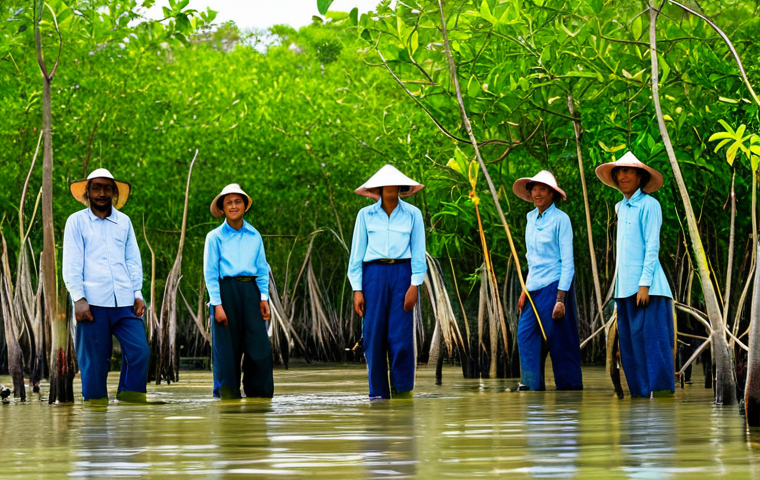 A group of diverse, enthusiastic young students and adult community members are fully clothed in modest, practical field attire, including long-sleeved shirts, trousers, and wide-brimmed hats, suitable for outdoor environmental work. They are actively engaged in a mangrove restoration project, carefully planting young mangrove saplings in the shallow, clear tidal waters of a thriving, verdant mangrove forest. The background shows lush green canopies extending towards a bright, clear sky. Some healthy, mature mangroves are visible in the distance. Natural pose, perfect anatomy, correct proportions, well-formed hands, proper finger count, natural body proportions. Professional photography, high-quality, vivid colors, natural lighting, soft focus on the background. Safe for work, appropriate content, fully clothed, modest, family-friendly.