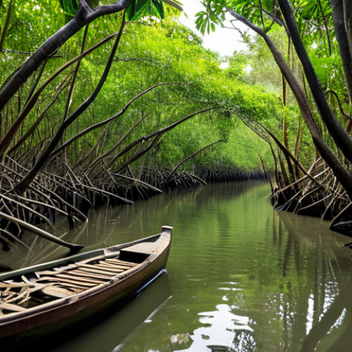 A serene, wide-angle shot of a traditional wooden boat gently navigating through a winding waterway within a dense, vibrant mangrove forest. The lush green foliage creates a natural tunnel, with intricate prop roots of the mangrove trees lining both sides of the narrow channel. Soft, dappled sunlight filters through the canopy, illuminating the calm water. The scene includes subtle hints of distant, elegant waterbirds perched among the branches and natural textures of the muddy intertidal zone. Professional nature photography, high detail, perfect lighting, natural colors, serene atmosphere, cinematic, safe for work, appropriate content, fully clothed, family-friendly.