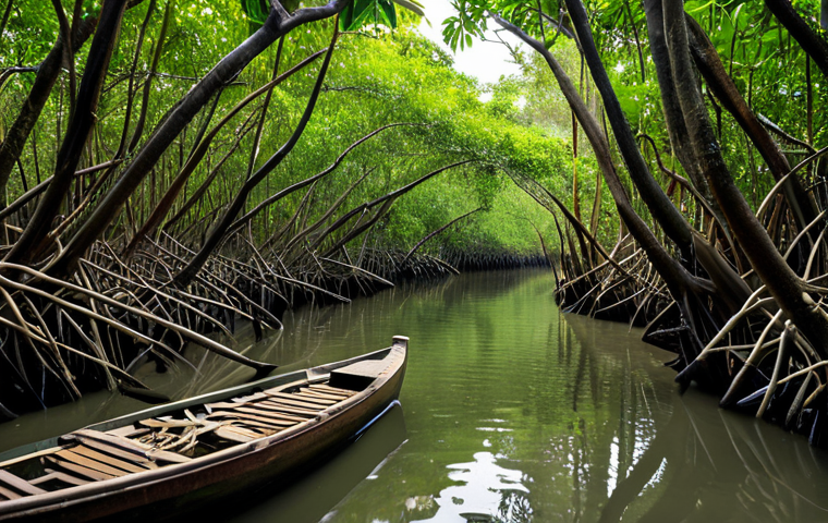 A serene, wide-angle shot of a traditional wooden boat gently navigating through a winding waterway within a dense, vibrant mangrove forest. The lush green foliage creates a natural tunnel, with intricate prop roots of the mangrove trees lining both sides of the narrow channel. Soft, dappled sunlight filters through the canopy, illuminating the calm water. The scene includes subtle hints of distant, elegant waterbirds perched among the branches and natural textures of the muddy intertidal zone. Professional nature photography, high detail, perfect lighting, natural colors, serene atmosphere, cinematic, safe for work, appropriate content, fully clothed, family-friendly.