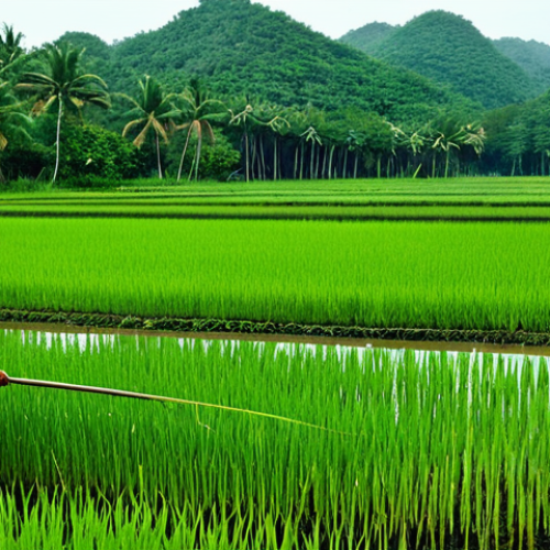Mangrove Rice Paddy**

"A wide shot of a lush, green rice paddy field bordering a dense mangrove forest in Guangdong, China. Farmers in modest clothing are tending to the rice. Fish and shrimp ponds are visible alongside the paddies. Safe for work, appropriate content, fully clothed, professional, perfect anatomy, natural proportions, high quality, family-friendly, sustainable agriculture."

**