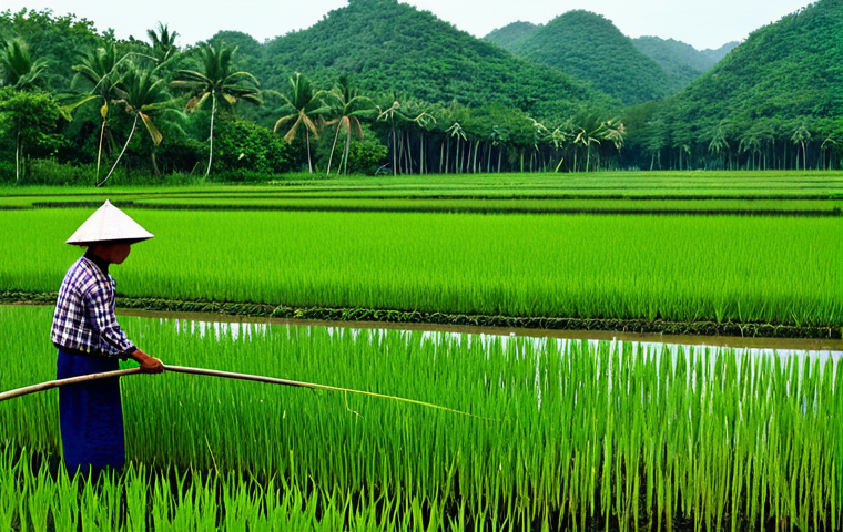 Mangrove Rice Paddy**

"A wide shot of a lush, green rice paddy field bordering a dense mangrove forest in Guangdong, China. Farmers in modest clothing are tending to the rice. Fish and shrimp ponds are visible alongside the paddies. Safe for work, appropriate content, fully clothed, professional, perfect anatomy, natural proportions, high quality, family-friendly, sustainable agriculture."

**