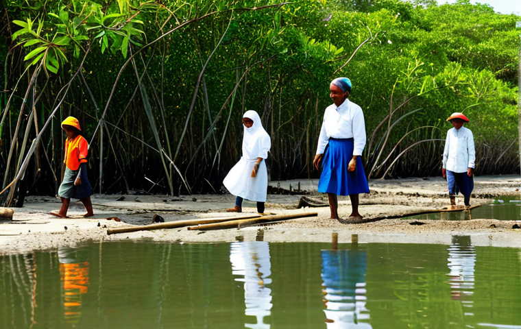 **

"A group of local villagers participating in a mangrove tree planting event, fully clothed in appropriate attire, working together in a sunny coastal environment, safe for work, perfect anatomy, natural proportions, community engagement, professional photography, high quality, modest clothing, family-friendly, sustainable development."

**