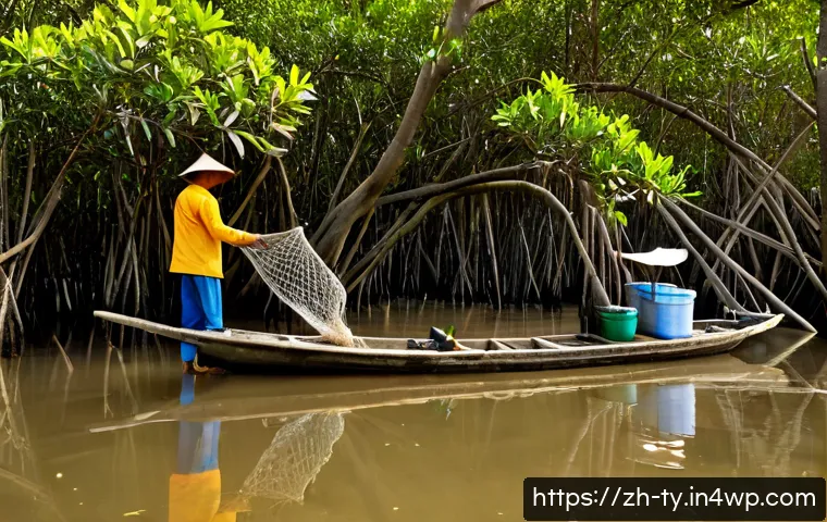 맹그로브 숲에서의 지속 가능한 어업 전략 - Photorealistic sunrise scene in a lush mangrove forest, a small wooden boat carrying two local fishe...