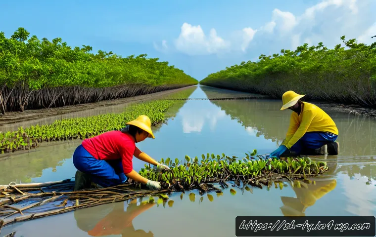 맹그로브 숲 복원과 생태계 서비스 창출 - Photorealistic coastal mangrove restoration site at low tide, local conservation workers in practica...